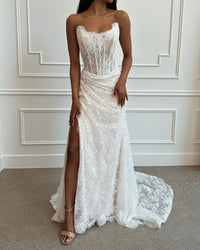 Incantevole abito da sposa per spose, corsetto, abito da sposa sirena, senza maniche, con spacco laterale, in pizzo