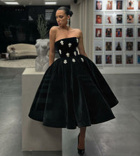 Black Velvet Midi Prom Dress Strapless Crystal Embellished Party Gown Cocktail Dress