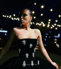 Black Velvet Midi Prom Dress Strapless Crystal Embellished Party Gown Cocktail Dress