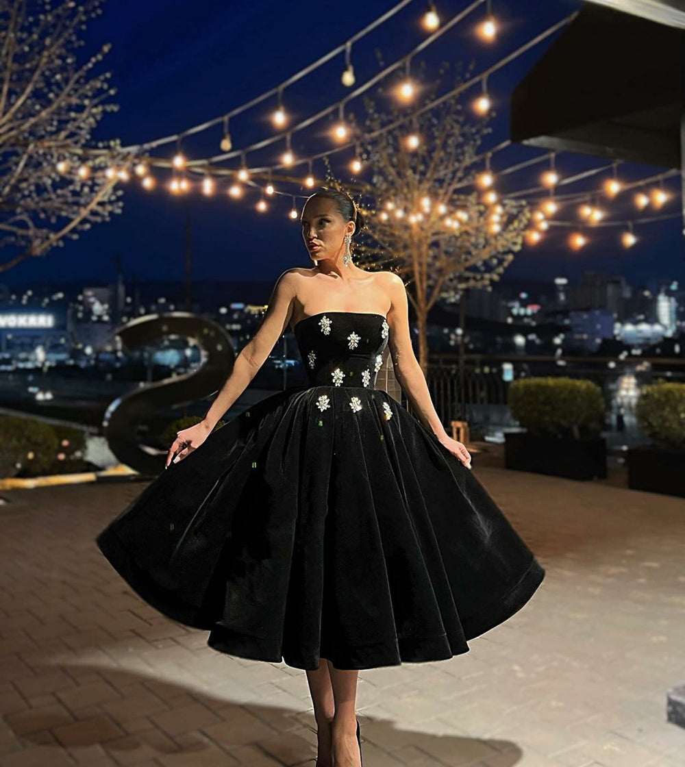 Black Velvet Midi Prom Dress Strapless Crystal Embellished Party Gown Cocktail Dress
