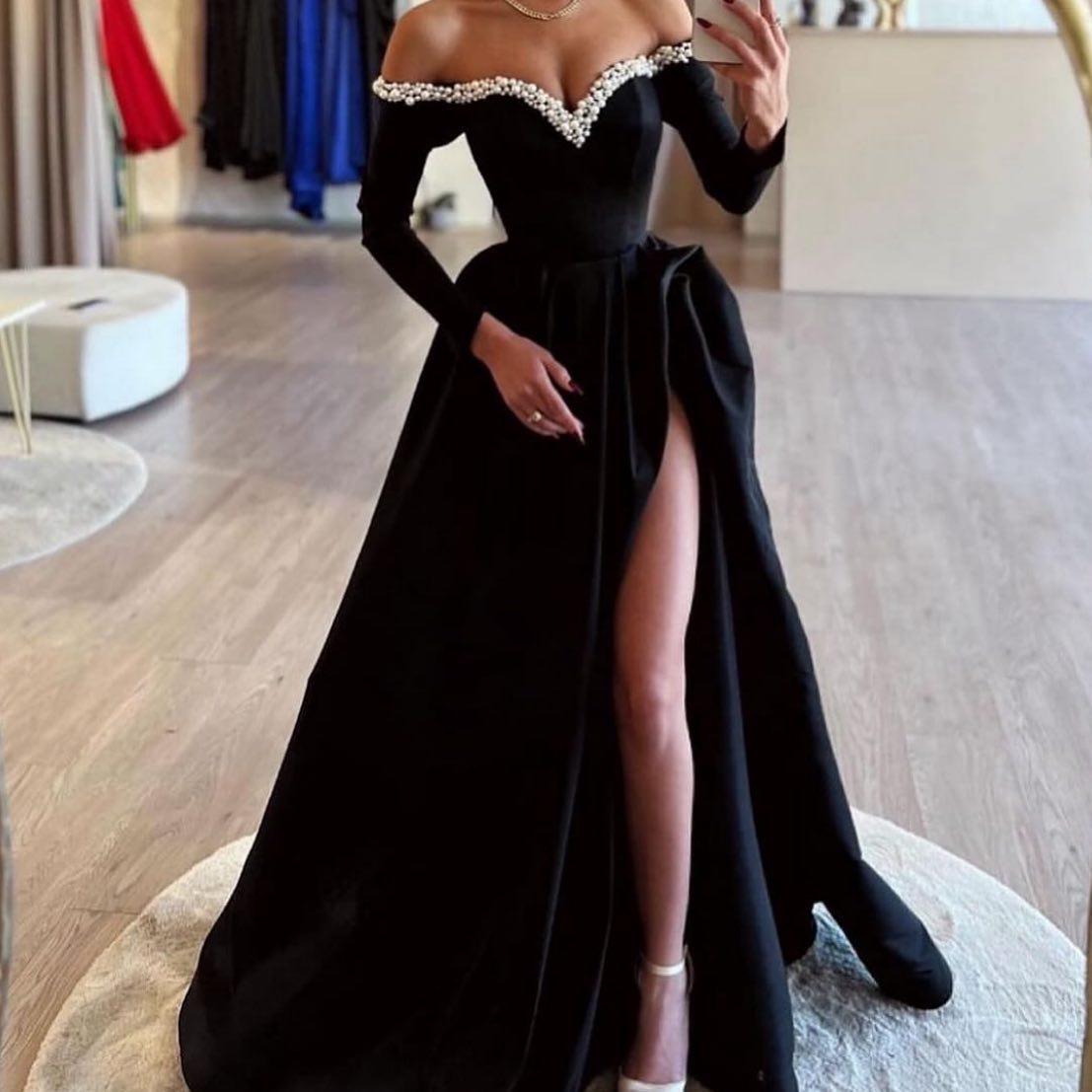 Elegant Black Off-Shoulder Satin Evening Gown with Pearl High Slit Formal Occasion Dress