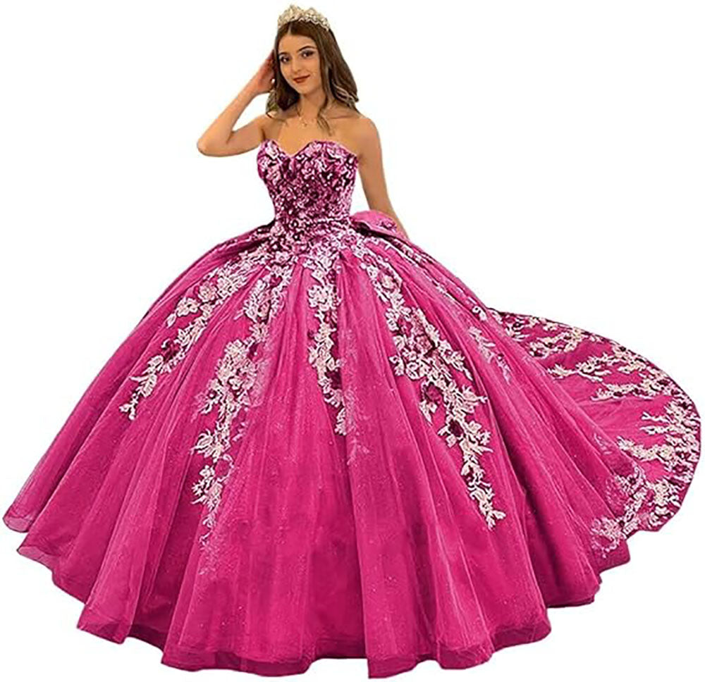 Wunderschöne trägerlose Quinceanera-Kleider mit Perlen, Ballkleid, bauschige Spitze, Ballkleider mit Schleppe, Blumenmuster, Sweet 15 16 Kleider