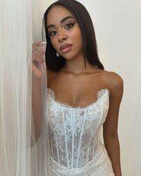 Incantevole abito da sposa per spose, corsetto, abito da sposa sirena, senza maniche, con spacco laterale, in pizzo