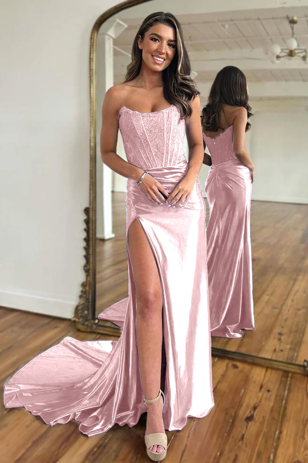 Vestido de baile evasê com pregas e recortes, decote coração, sexy, com fenda alta, vestido de noite elegante Ms2504012