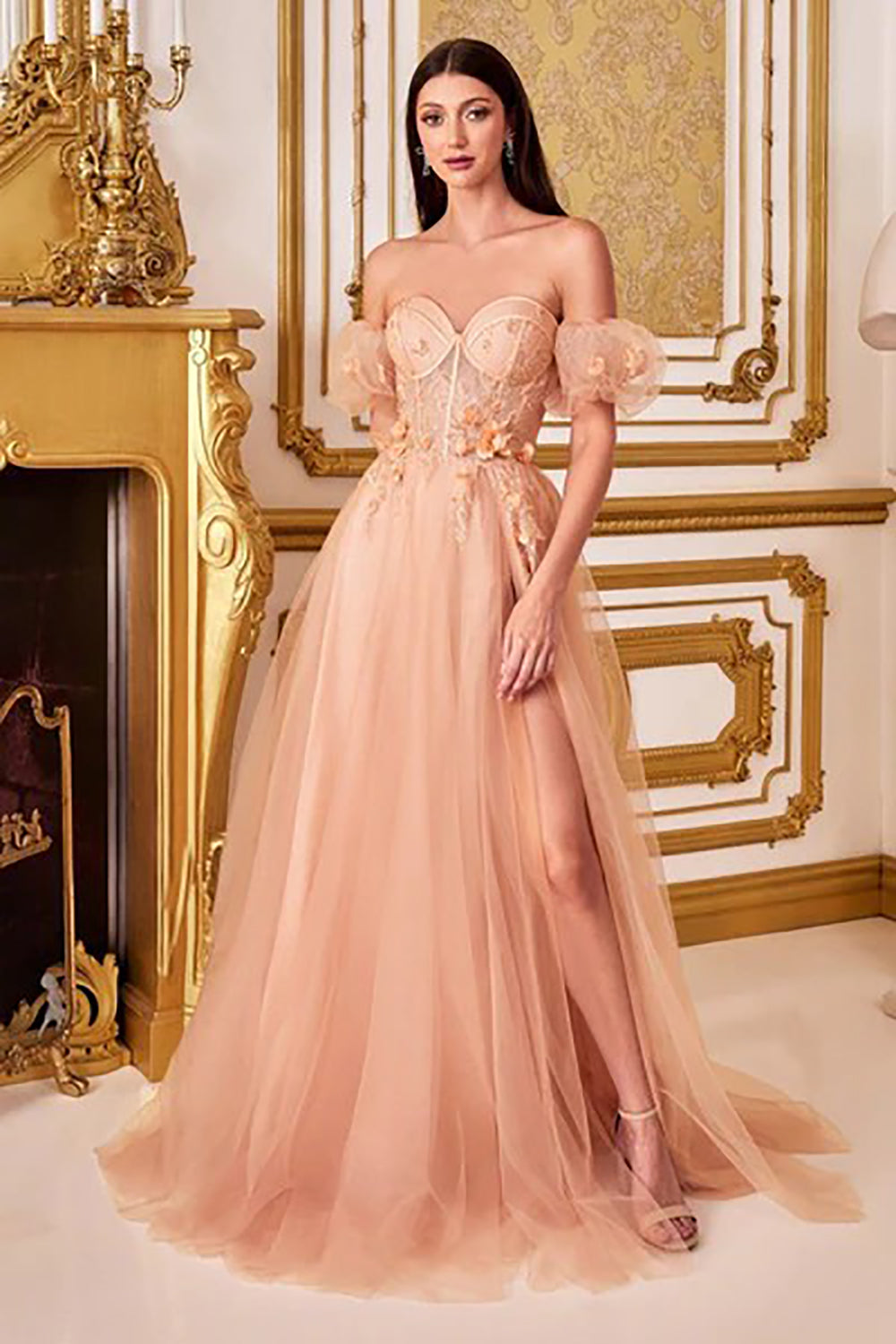 Vestido de Baile Elegante em Tule com Brilhos, Decote Coração, Mangas Bufantes, Fenda Lateral, Vestido Sexy para Festa, Vestido Longo de Noite