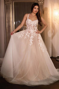 Abito da sposa a linea A 2024 con applicazioni in pizzo, abito da sposa avorio con corsetto e spalline sottili