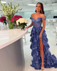 Glitzerndes, gestuftes Tüll-Spitzen-Ballkleid lang für Teenager 2024 Spaghettiträger formelle Hochzeitsabendkleider