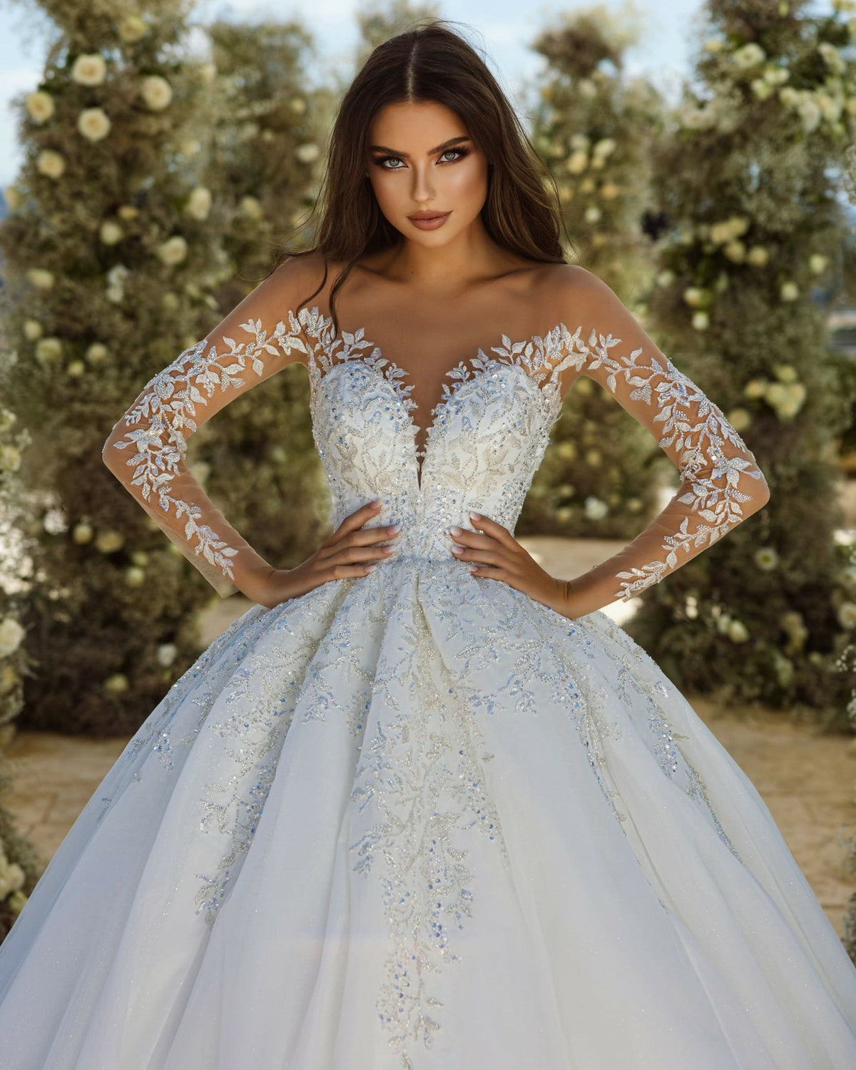 Luxury Wedding Dresses Illusion Lace Applique Wedding Gown Long Sleeve V Neck Backless Corset Bride Dress