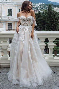 Vestido de Noiva com Apliques de Renda Romântica, Ombros Descobertos, Tule, Corte em A, Vestidos de Noiva Ms2503262