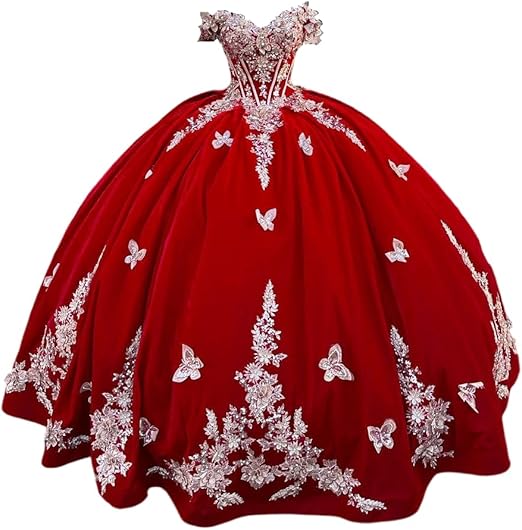 Abiti Quinceanera in Velluto 2025 con Farfalle Floreali 3D Dorate Pizzo Spalle Scoperte Abiti da Prom Sweet 16