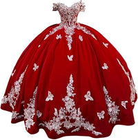 Abiti Quinceanera in Velluto 2025 con Farfalle Floreali 3D Dorate Pizzo Spalle Scoperte Abiti da Prom Sweet 16