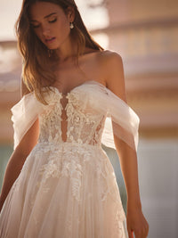 Vestidos de Noiva Longos para Noiva Ombro a Ombro Decote Coração Vestido de Noiva em Tule com Apliques de Renda Vestido de Noiva Sem Costas