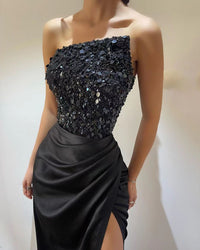Robe de soirée sirène à paillettes, robe de soirée formelle en satin noire fendue sur le côté, robe de soirée pour invités de mariage