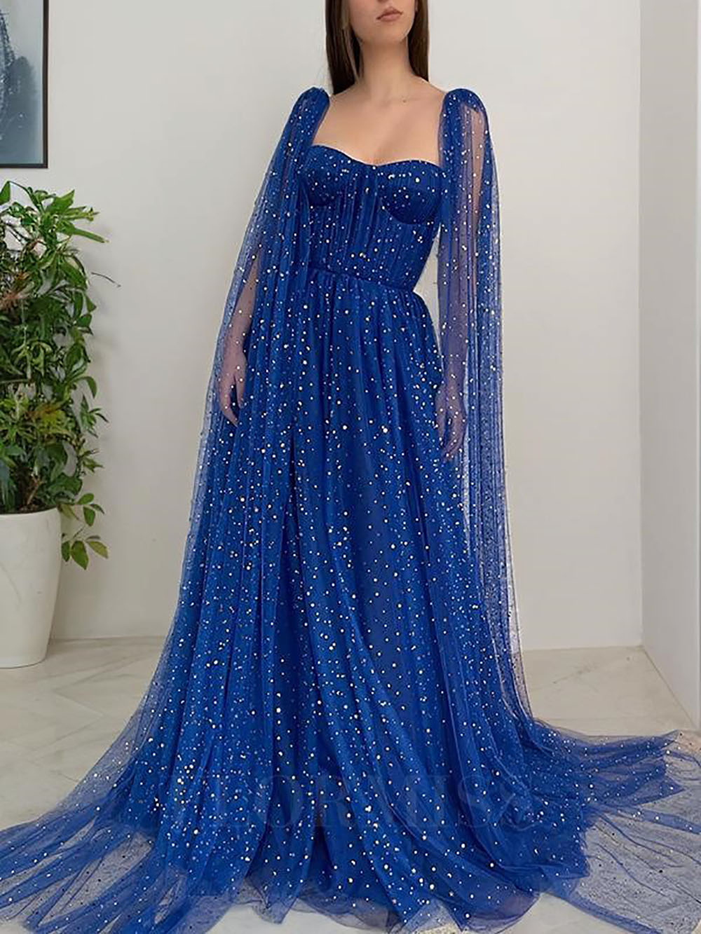 Vestidos de Festa de Tule Estrelado Brilhante para Mulheres, Decote Coração, Corte A, Vestido Formal para Festa com Mangas Longas em Capa