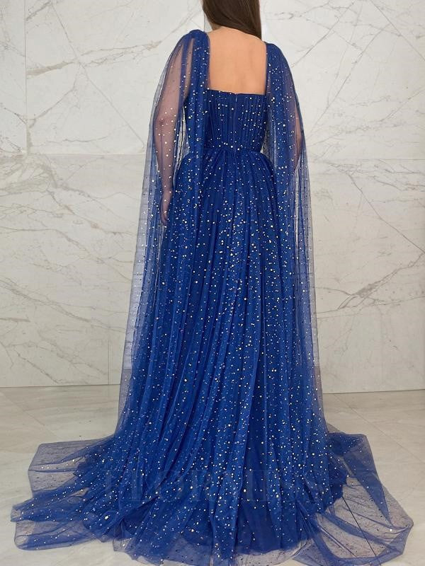 Vestidos de Festa de Tule Estrelado Brilhante para Mulheres, Decote Coração, Corte A, Vestido Formal para Festa com Mangas Longas em Capa