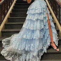 Robe de soirée longue en tulle à épaules dénudées pour femme avec appliques en dentelle et fente