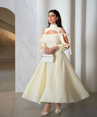 Vestito Midi Giallo da Cerimonia 2025 con Taglio, Collo Alto, Linea A, Abito da Festa con Manica a Fiocco Ms2504191