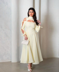 Vestito Midi Giallo da Cerimonia 2025 con Taglio, Collo Alto, Linea A, Abito da Festa con Manica a Fiocco Ms2504191