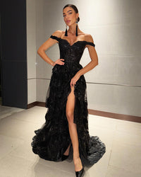 Off Shoulder Prom Dress Layered Lace Sequin Sexy High Slit Formal Evening Gaduation Dress Ms2506072