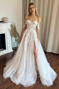 Off The Shoulder Wedding Dresses for Bride Tulle Bridal Gowns Sexy Split Long Boho Wedding Dress