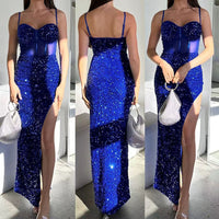 Vestido de Baile Formal de Mulher com Lantejoulas Brilhantes, Estilo Sereia, Fenda, Alças Finas, 2024