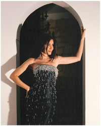 Vestido de Baile Preto Sereia com Cristais e Bordados, Sem Alças, Vestido Formal para Festa, Vestido de Celebridade para Gala