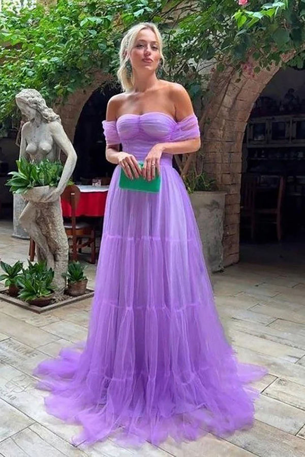 Off-Shoulder Tiered Tull Party Dress A-Line Prom Dress Women Ms2509141