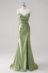 Abito da sera elegante a linea A con pieghe, scollo a cuore, spacco alto sexy Ms2504012