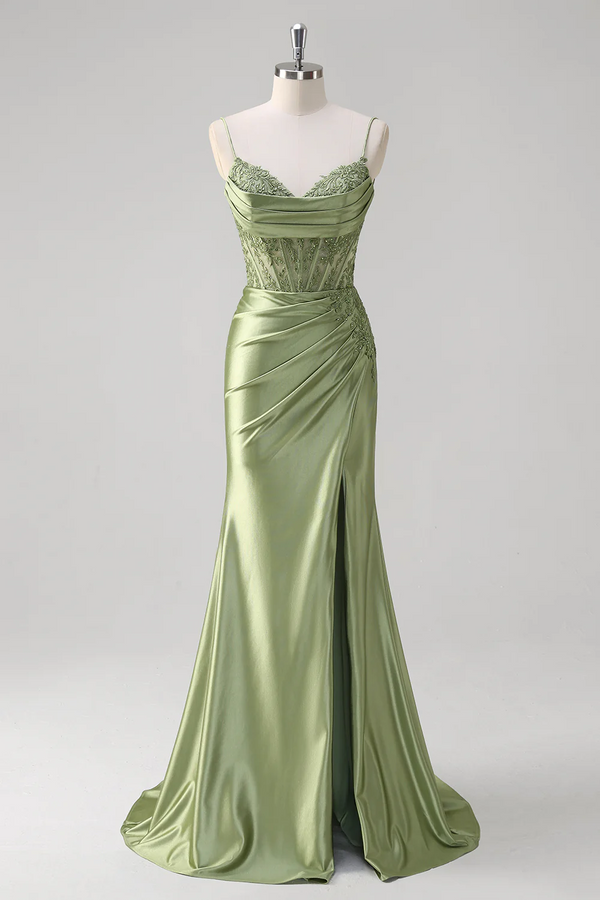 Green Satin Prom Dress Spaghetti Straps Slit Illusion Corset Evening Dress Ms2507201