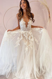 Sexy A-Line Backless Wedding Dress Lace Applique Beaded Tulle Wedding Gowns Boho Bridal Dress