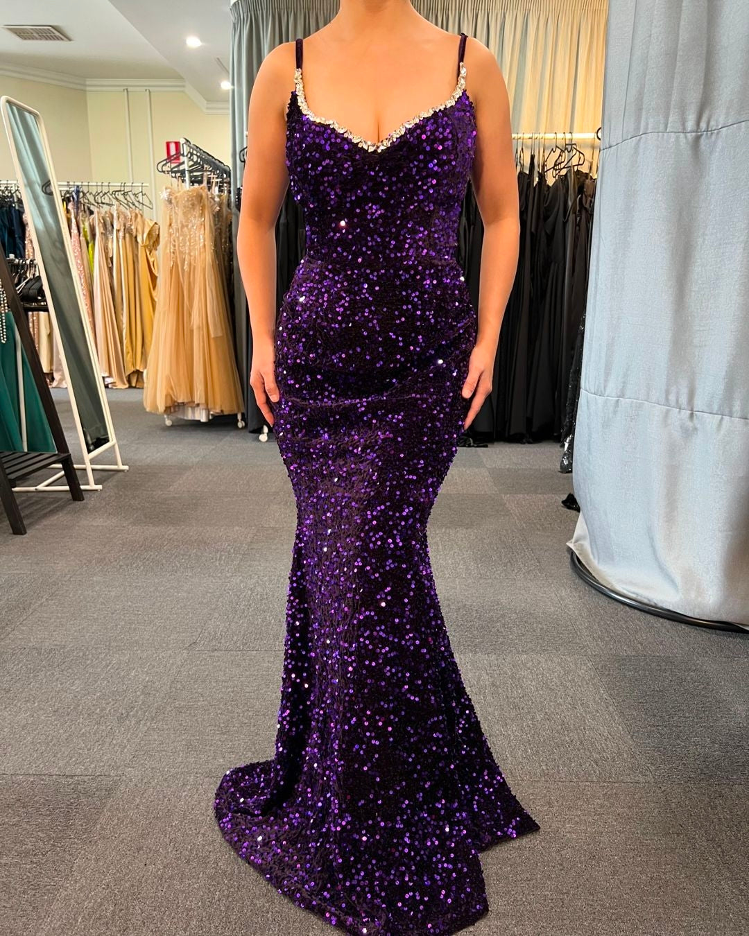 Grape purple Mermaid Sequins Evening Dresses 2024 Spaghetti strap Crstal Formal Party Gown
