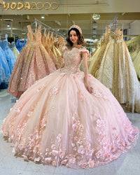 Off Shoulder 3D Flower Ball Gown Sweet 16 Birthday Puffy Prom Dress Beaded Quinceañera Dress Ms2505152