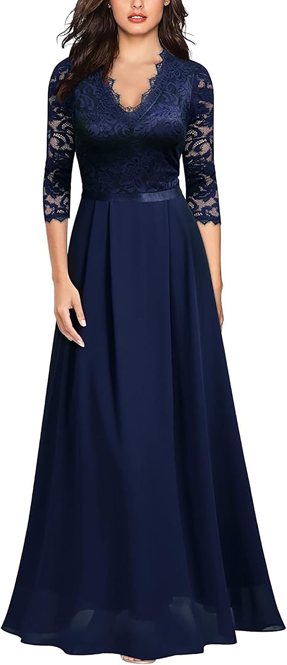 Abito lungo da sera formale da donna con pizzo floreale e maniche 2/3, abito da damigella