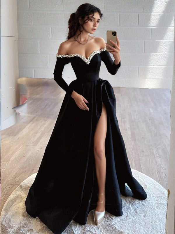 Elegant Black Off-Shoulder Satin Evening Gown with Pearl High Slit Formal Occasion Dress
