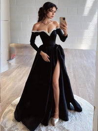 Elegant Black Off-Shoulder Satin Evening Gown with Pearl High Slit Formal Occasion Dress