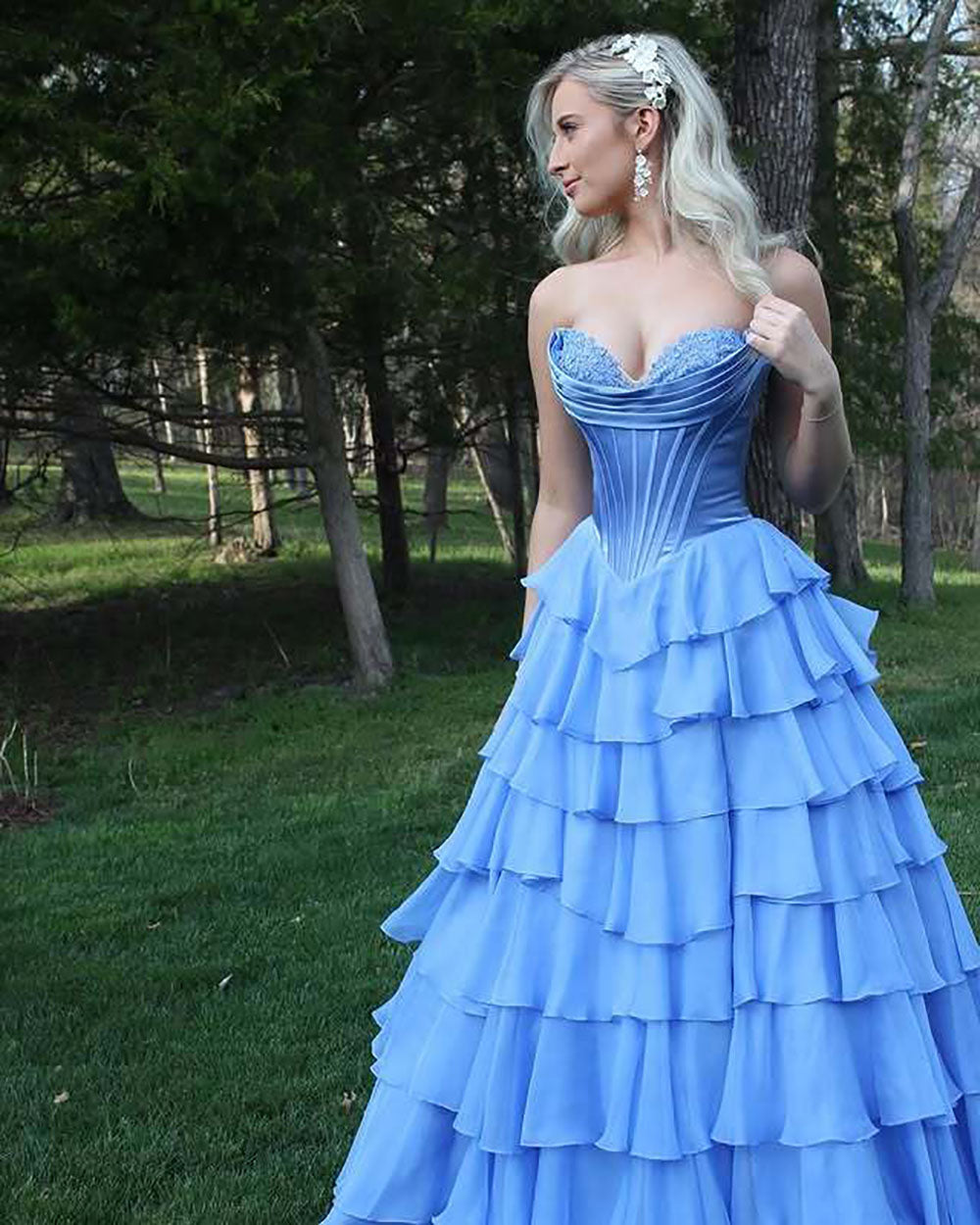 Abito da cerimonia azzurro cielo con corsetto in pizzo, scollo a cuore, abito di compleanno in chiffon a balze, abiti da laurea per adolescenti