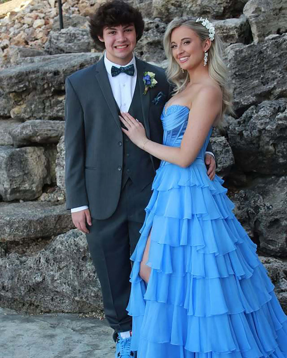 Abito da cerimonia azzurro cielo con corsetto in pizzo, scollo a cuore, abito di compleanno in chiffon a balze, abiti da laurea per adolescenti