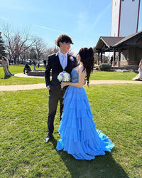 Abito da cerimonia azzurro cielo con corsetto in pizzo, scollo a cuore, abito di compleanno in chiffon a balze, abiti da laurea per adolescenti