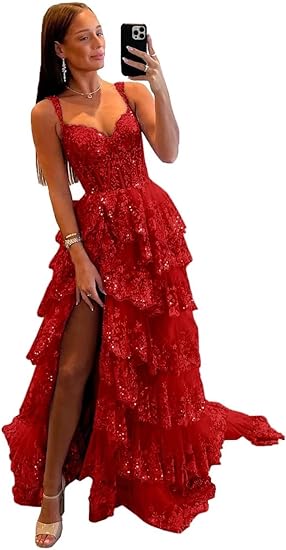 Glitter Tiered Tulle Lace Prom Dresses Long for Teens 2024 Spaghetti Straps Formal Wedding Evening Gowns