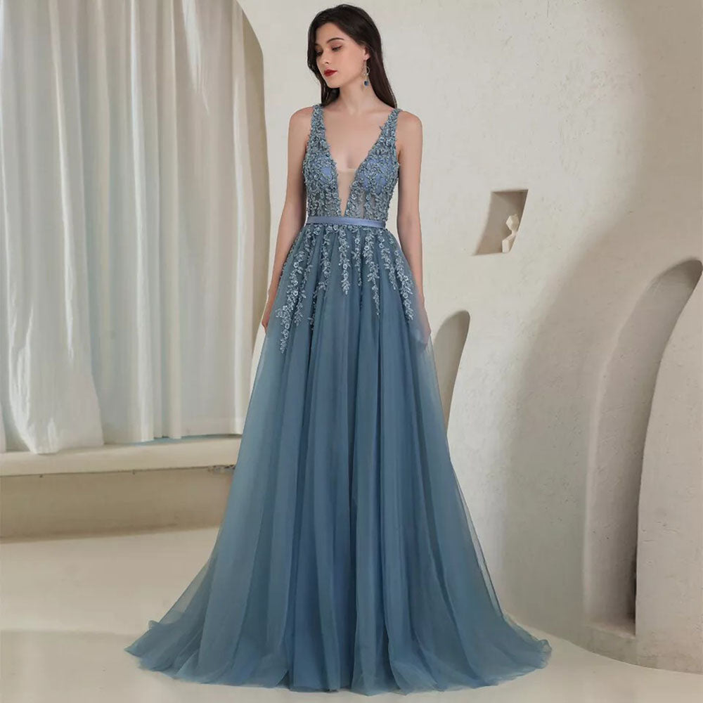 Robe de soirée longue élégante à col en V en dentelle grise et bleue, robe de bal sexy dos nu