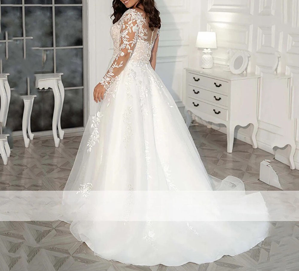 Plus Size Long Sleeve A-Line Wedding Dress Illusion Lace Tulle Bridal Gown 2025 Ms2506012