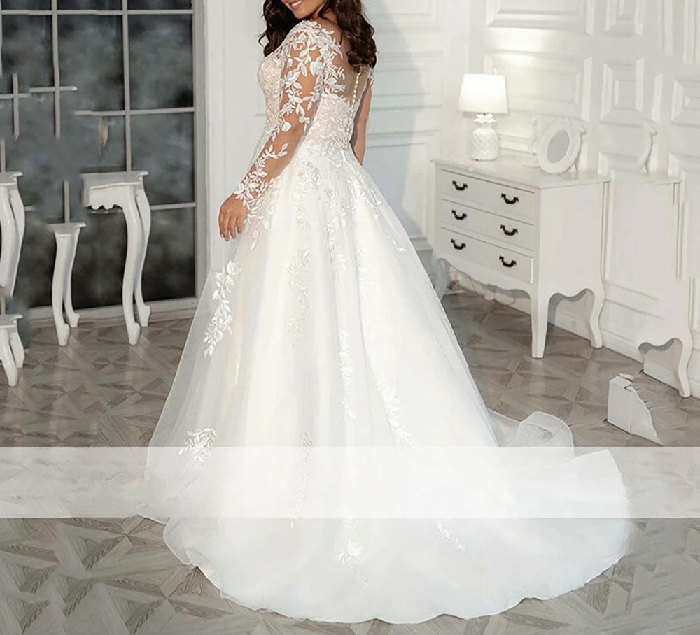 Plus Size Long Sleeve A-Line Wedding Dress Illusion Lace Tulle Bridal Gown 2025 Ms2506012