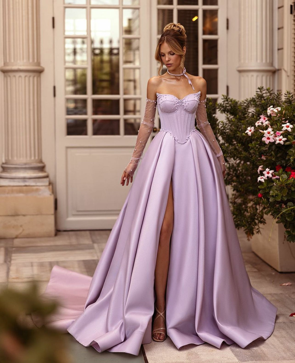 Vestido de Noite com Corpete de Pérola 2025 Vestido de Festa Lilás com Fenda Vestido de Baile Ombro a Ombro Ms2504153