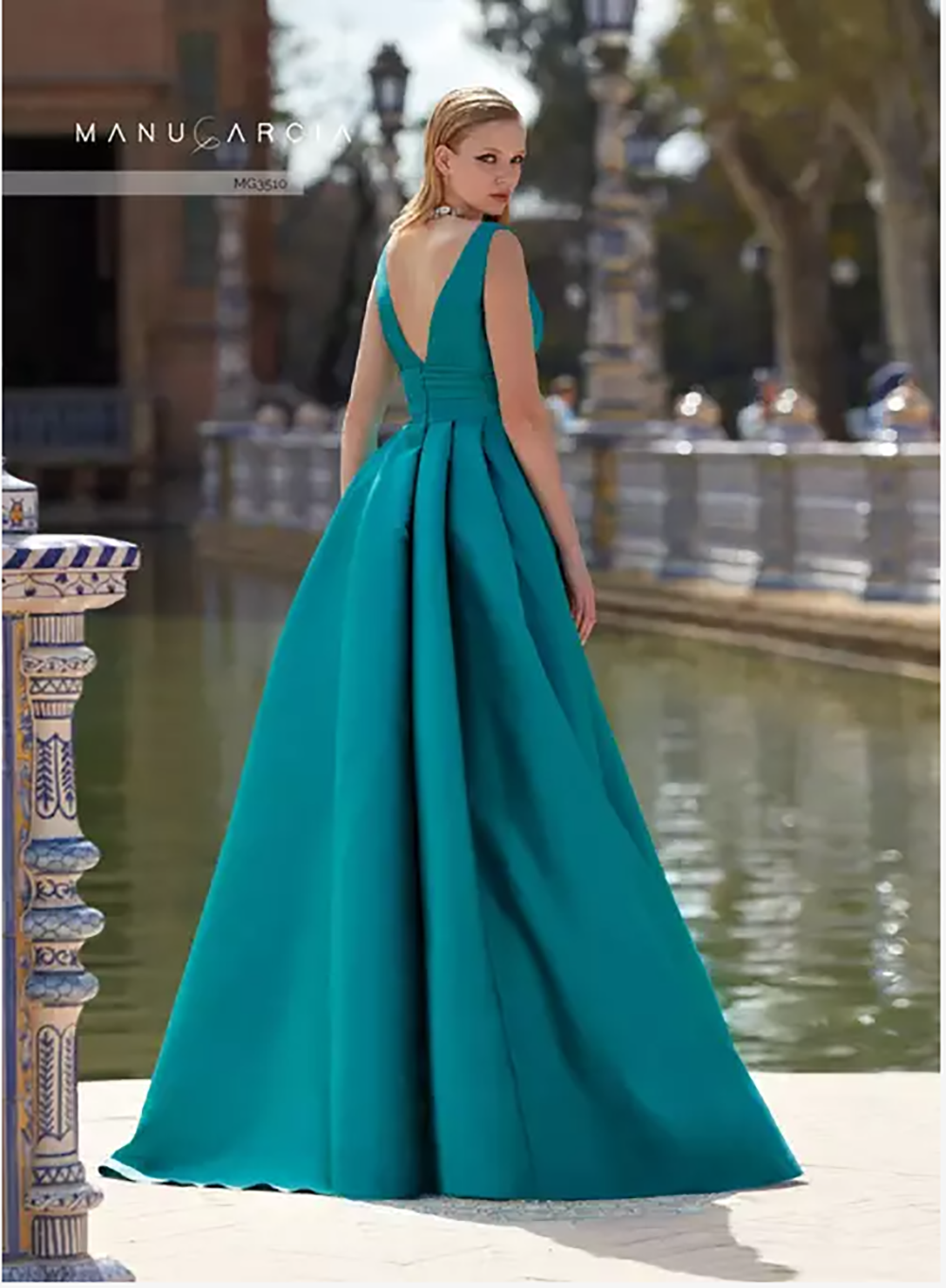 Elegante abito da sera in raso turchese con strascico staccabile, scollo a V, abito da ballo da donna per occasioni speciali