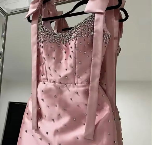 Vestido Mini com Alça de Laço Rosa Vestido de Festa com Contas de Cristal Vestido Curto de Baile com Strass 2025 Ms2504192