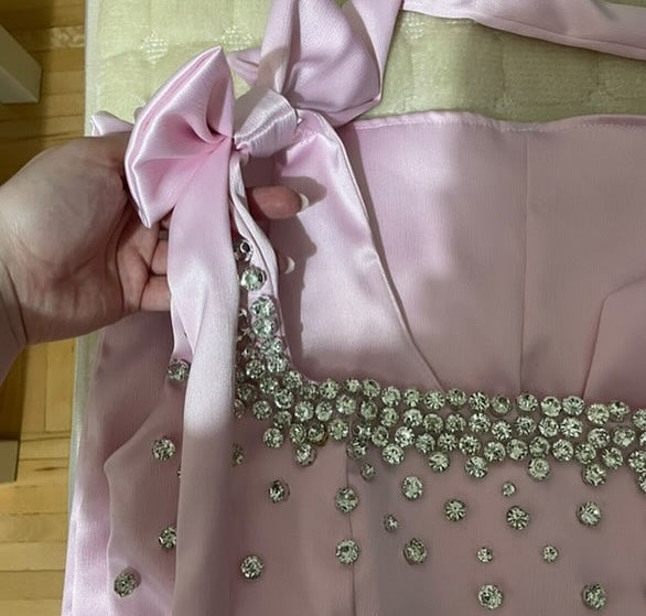 Vestido Mini com Alça de Laço Rosa Vestido de Festa com Contas de Cristal Vestido Curto de Baile com Strass 2025 Ms2504192