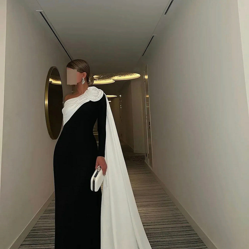 Abito formale a maniche lunghe, midi asimmetrico drappeggiato, abito da sera da cocktail da ufficio Ms2505085