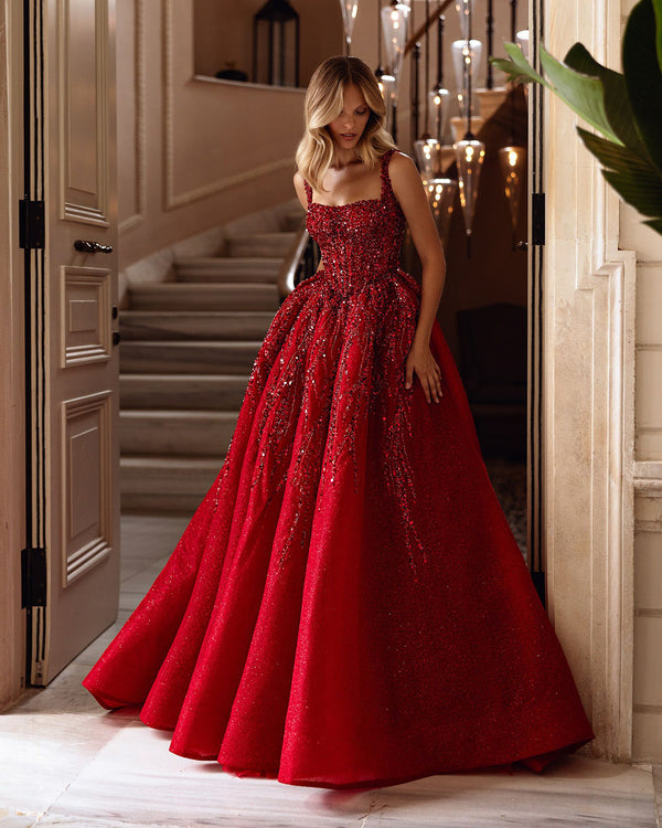 Red Sequin Evening Gown 2025 Glitter Prom Dress Sleeveless Sequins Formal Party Dress Ms2504152