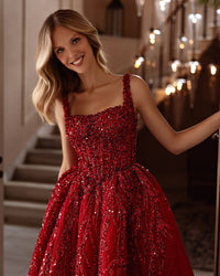 Vestido de Noite Vermelho com Lantejoulas 2025 Vestido de Baile Brilhante Vestido Formal Sem Mangas com Lantejoulas Ms2504152