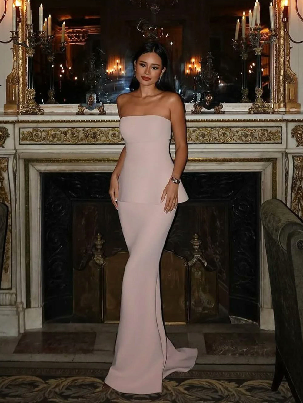 open lace back dress Elegant Strapless Pink Mermaid Prom Dress Peplum Birthday Party Dress –  Msikoods Official Store
